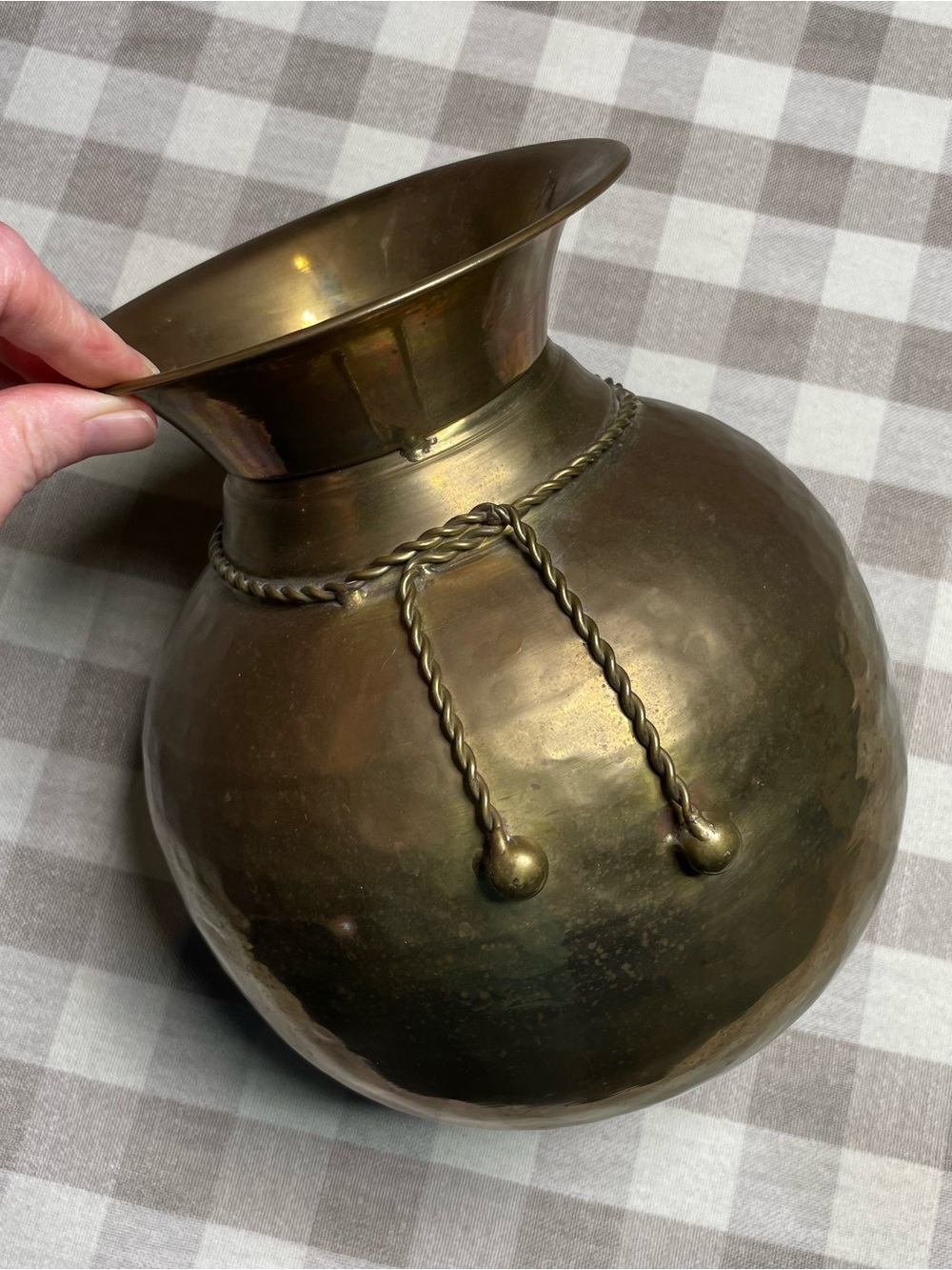 Vintage Brass Vase Planter Flare Rim & Rope Trim